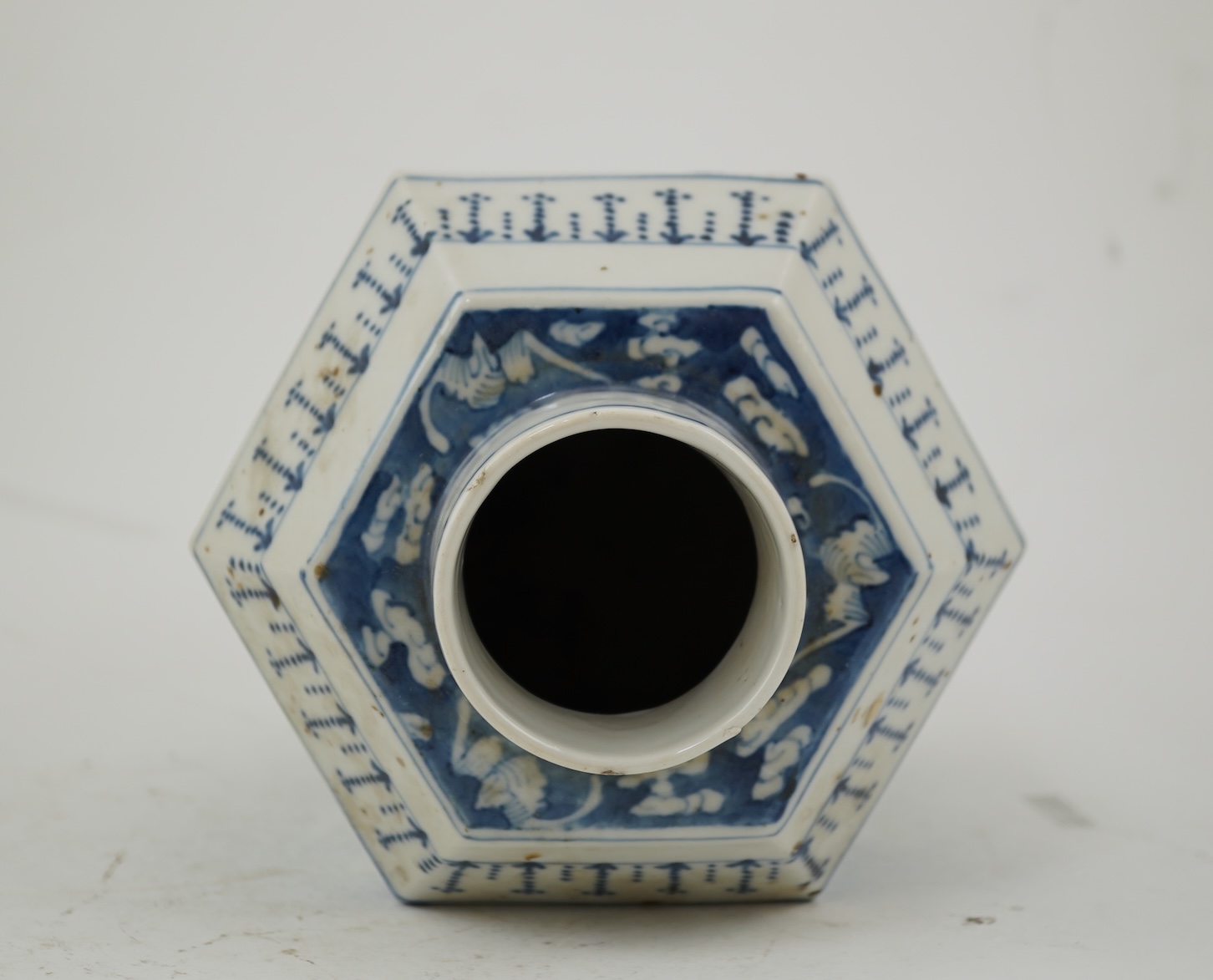 A Chinese blue and white ‘landscape’ hexagonal jar and cover, late 19th century